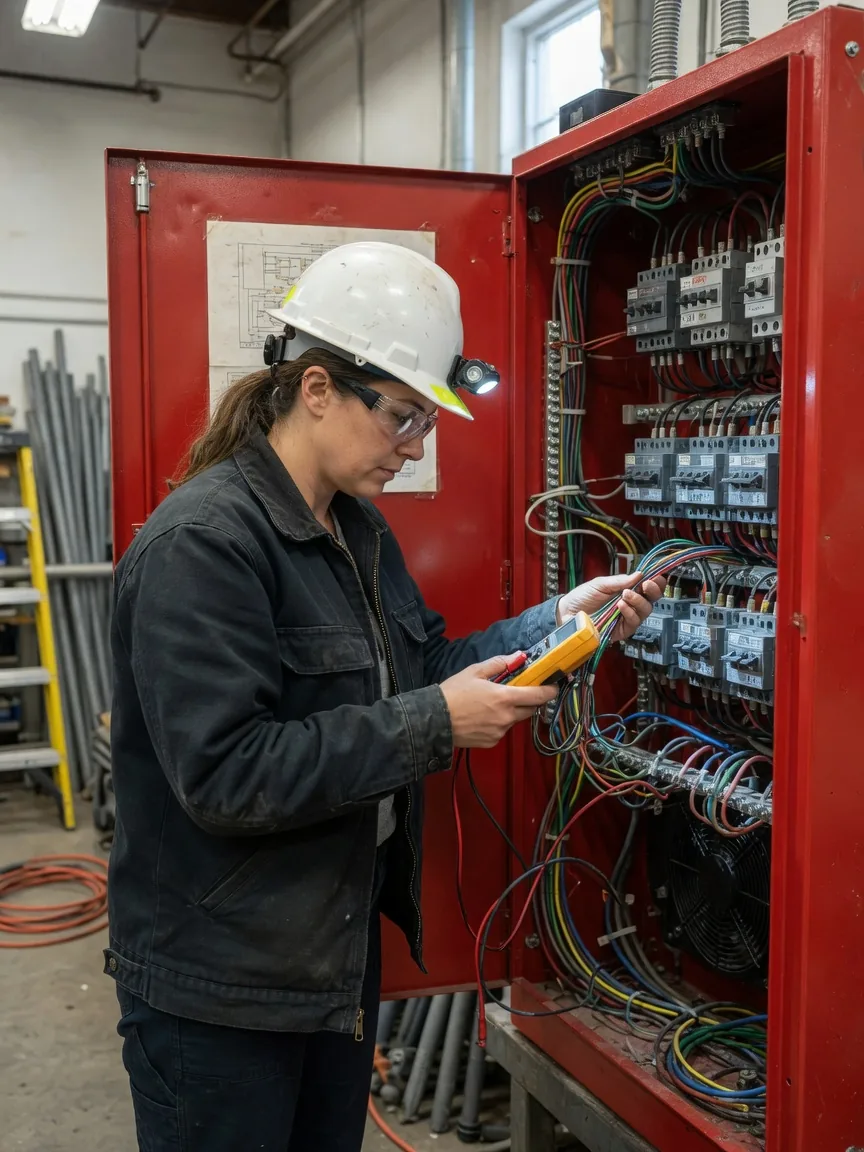 Electrician in a white hard hat inspecting a red electrical cabinet