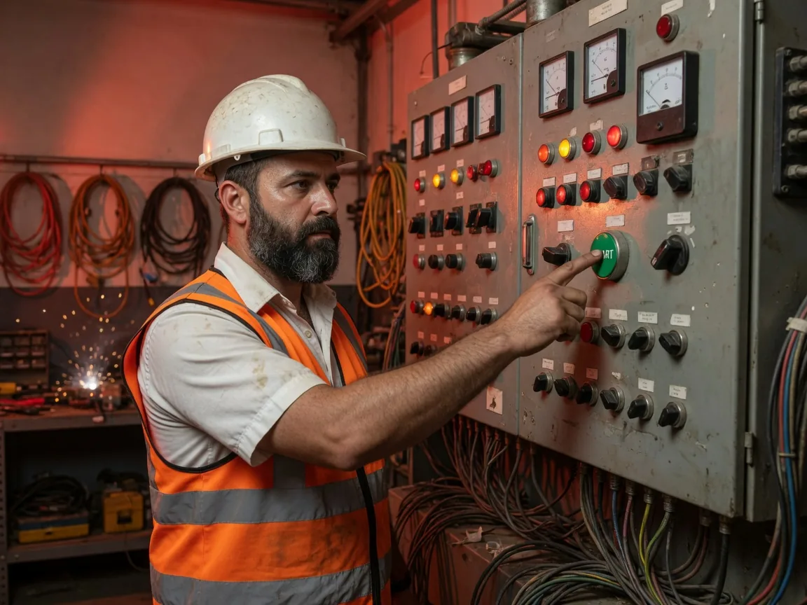 Electrician in an orange vest checking controls on an industrial panel