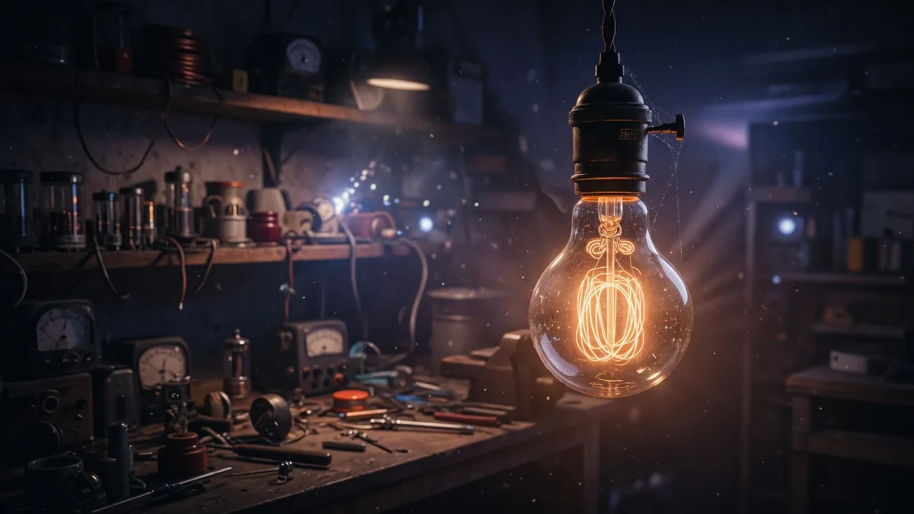 Warm filament bulb hanging in a dim workshop