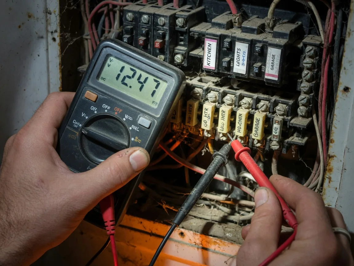 Hands testing terminals inside a crowded fuse box