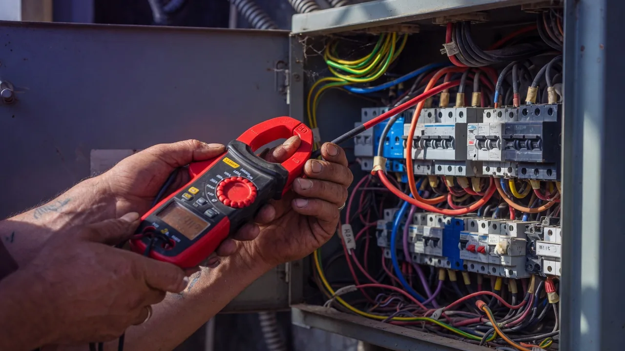 Hands testing circuits on an open electrical cabinet