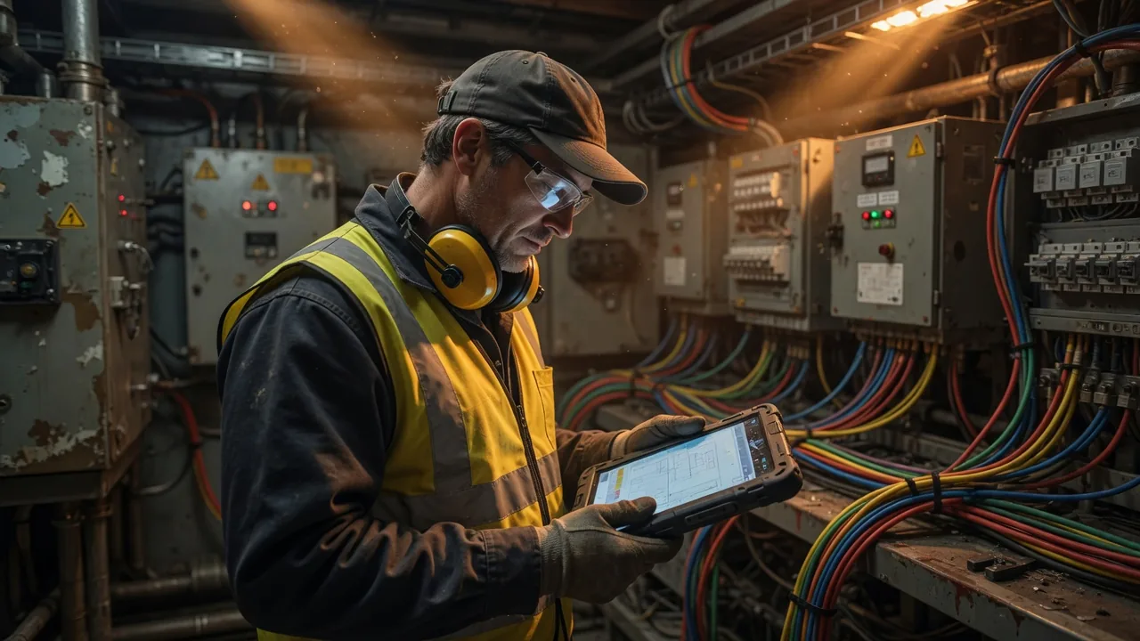 Electrician in a high-visibility vest reviewing a diagnostic tablet beside electrical cabinets