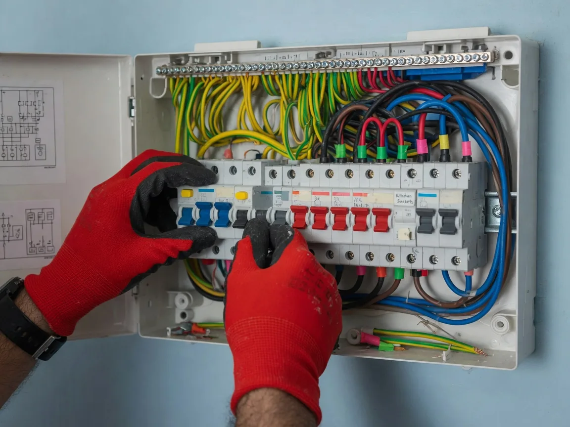 Electrician reviewing an industrial control cabinet