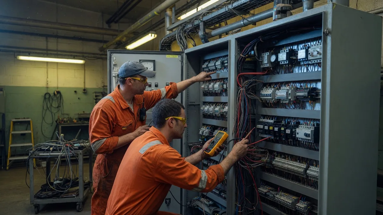 Two electricians reviewing an industrial control panel together