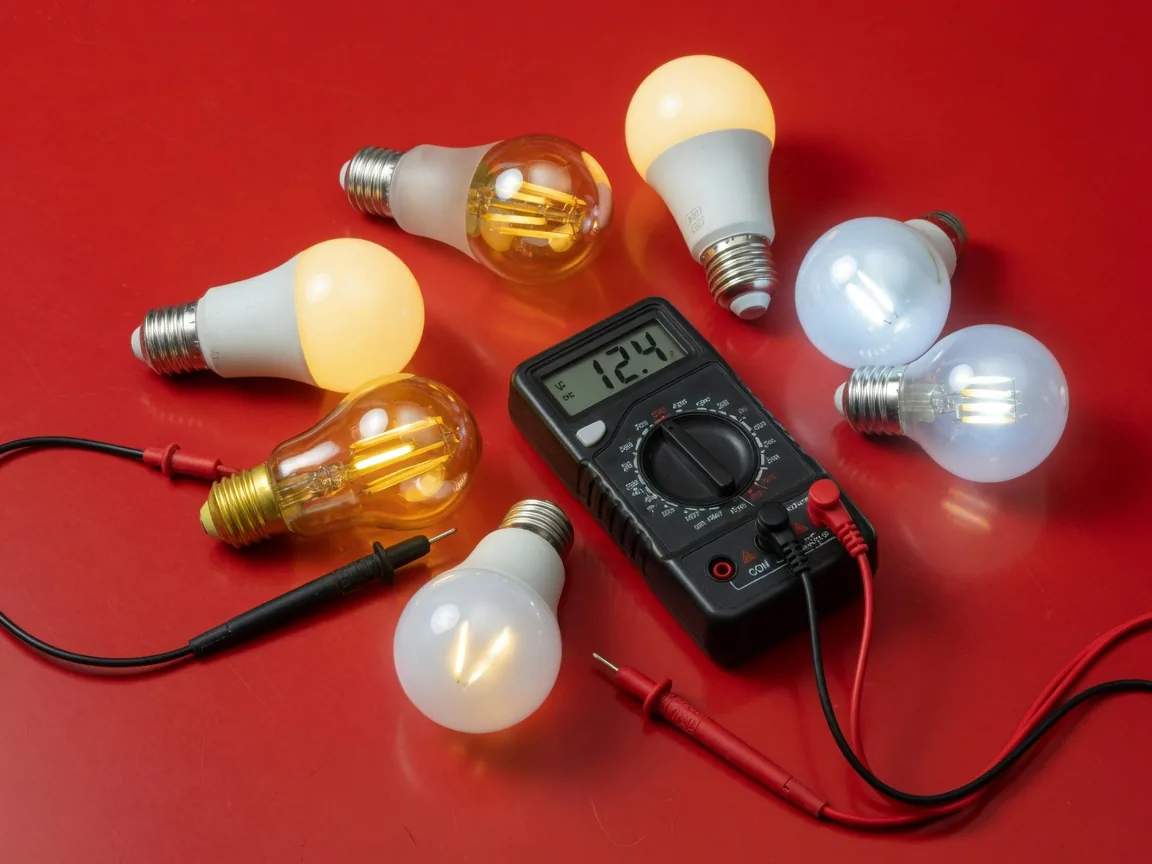 Electrical test meter and LED bulbs on a red workbench